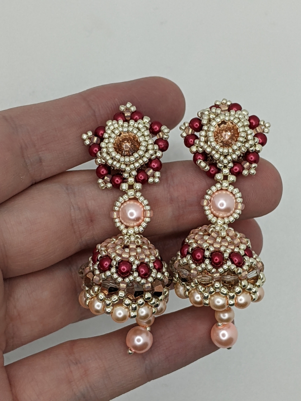 Gold-Tone Pink and Red Beaded Jhumka Earrings